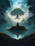Monk Meditating in front of Tree of Life