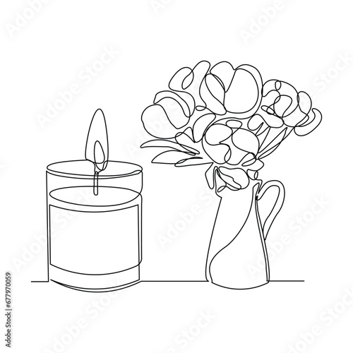 Continuous single line sketch drawing of aromatic spa candle and beautiful flower vase pot. One line art of beautiful home decoration vector illustration