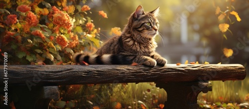 In the peaceful garden a wooden bench sits under the autumn tree where a beautiful cat with cute captivating eyes plays amidst the natures splendor embodying the essence of a domestic mamma photo