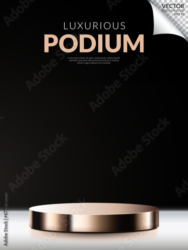 Luxurious gold podium on black background, Product display vertical studio scene. Vector illustration
