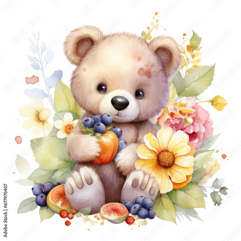 Bear flower and fruits Illustration, Generative Ai Bear flower and fruits Illustration, Generative Ai