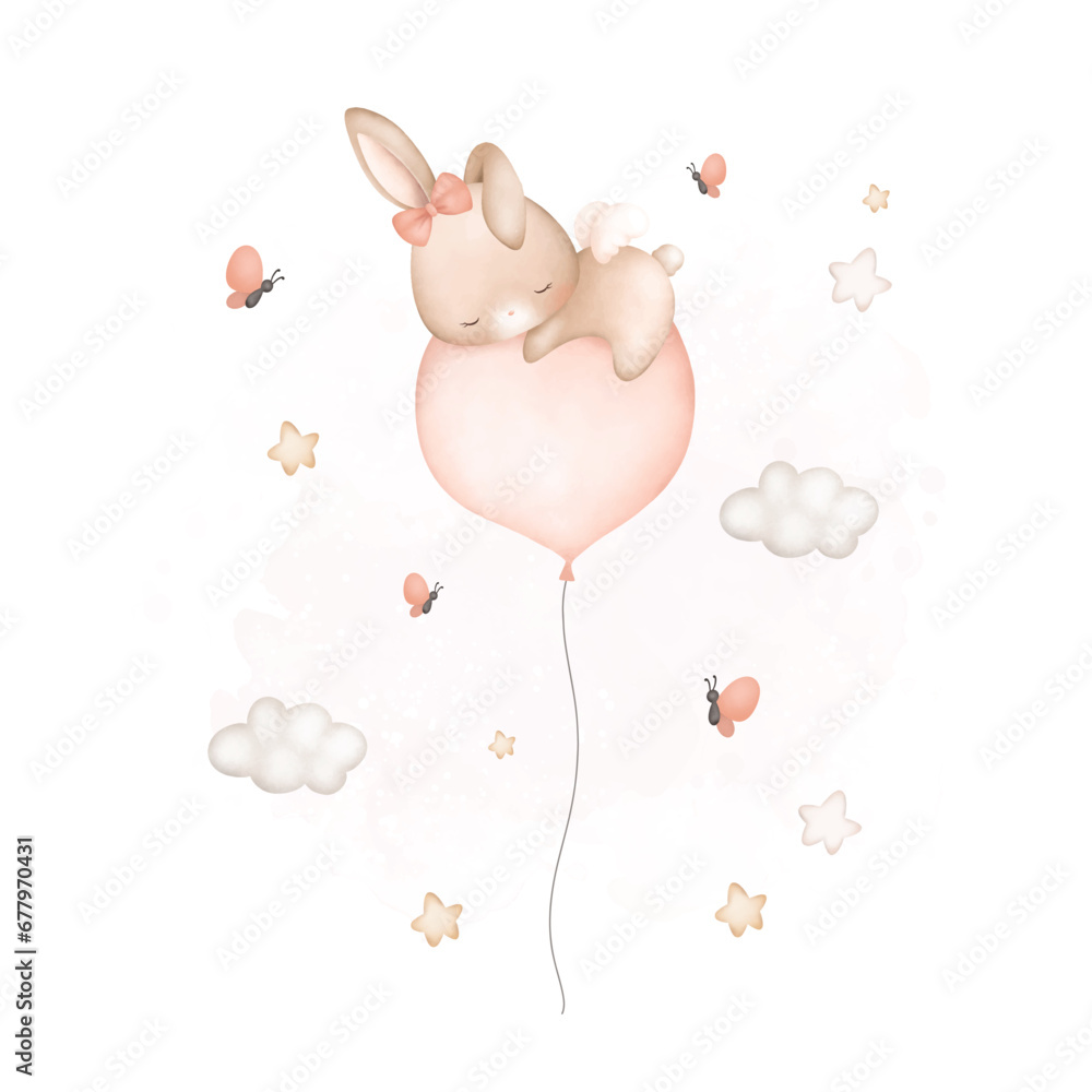 Watercolor Illustration Baby Rabbit sleeps on balloon with stars and butterflies