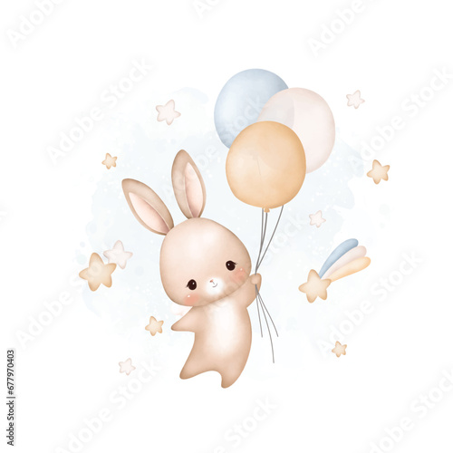 Watercolor Illustration Baby Rabbit flying with balloons and stars