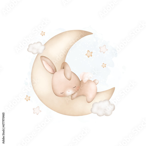 Watercolor Illustration Baby Rabbit sleeps on moon with stars