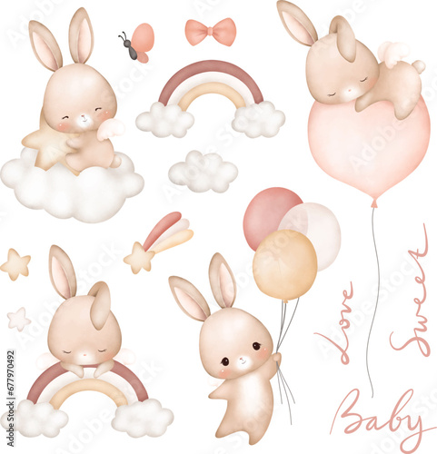 Watercolor Illustration set of Baby Rabbit and cute elements
