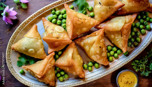 A top-down perspective of Indian samosas on a serving platter showcases crispy pastry filled with spiced potatoes and peas, offering a delightful taste of the popular and savory snack in Indian cuisin