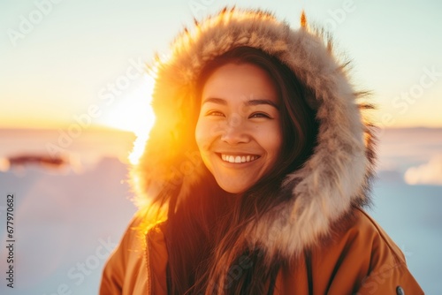 Backlit Portrait of calm happy smiling free Inuit young woman looking away enjoys a beautiful moment life on the arctic  at sunset photo