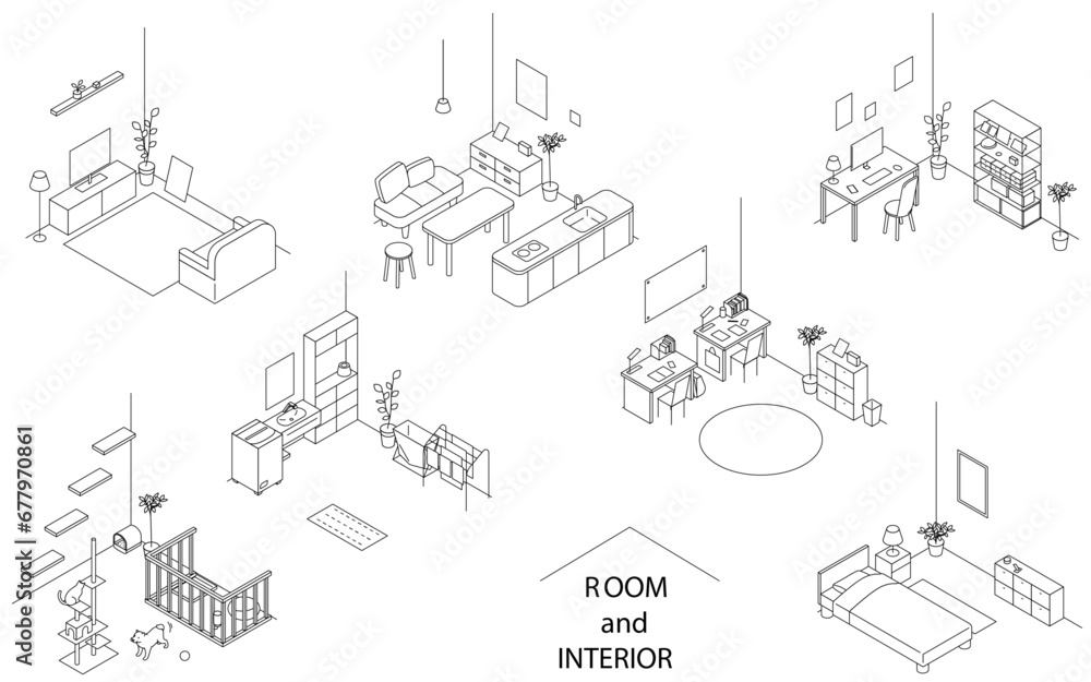 Finding a room for rent: various rooms, simple isometric illustration - obrazy, fototapety, plakaty 