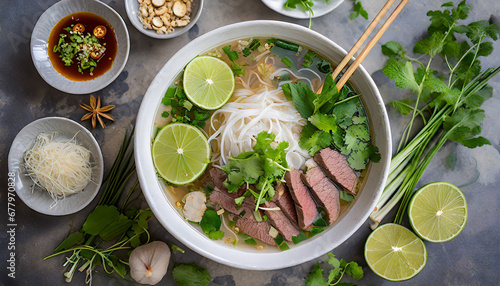 A top-down shot of a Vietnamese pho bowl captures the aromatic and steaming broth, rice noodles, and thinly sliced beef, topped with fresh herbs and lime, embodying the comforting flavors of Vietnames photo