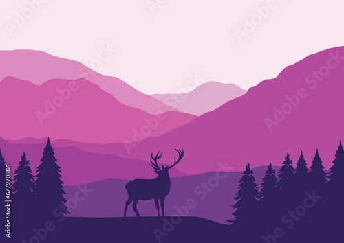 Deer in the mountains and pine forest. Vector illustration in flat style.