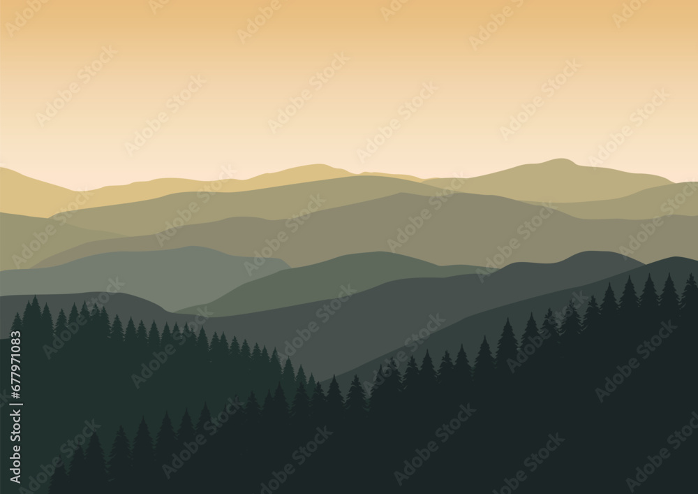 mountains and pine forest. Vector illustration in flat style.