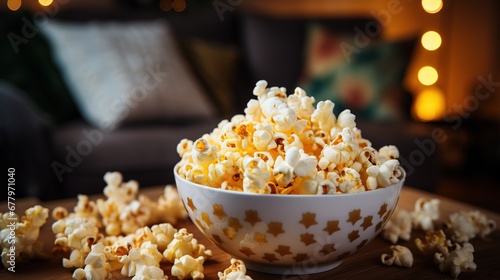 A white Bowl of popcorn stands on the table in the living room for watching a movie or tv at home