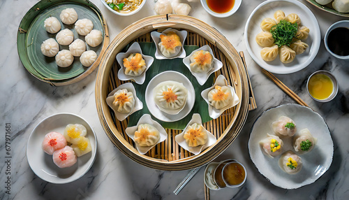 A top-down perspective of Chinese dim sum showcases delicate har gow (shrimp dumplings) and siu mai (pork dumplings), representing the variety and intricacy of Cantonese dim sum. photo