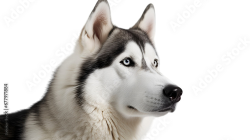 Half side view, close up of portrait, gray husky dog looking forward, head face to right side, isolated on transparent background.  photo