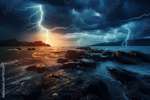 Powerful lightning in a summer storm. AI Generative touch enhances the intense energy and captivating atmosphere of this electrifying scene.