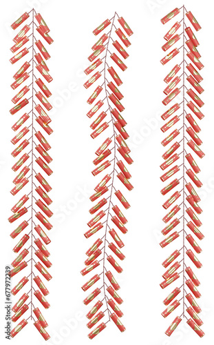 3D rendering of vibrant red firecracker strings, perfect for celebrating Lunar New Year in Asia. PNG format with a transparent background.