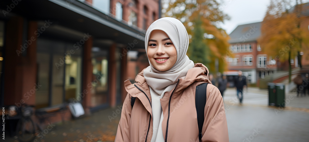 Young female Muslim student smiling at camera on campus Young female Muslim student smiling at camera on campus