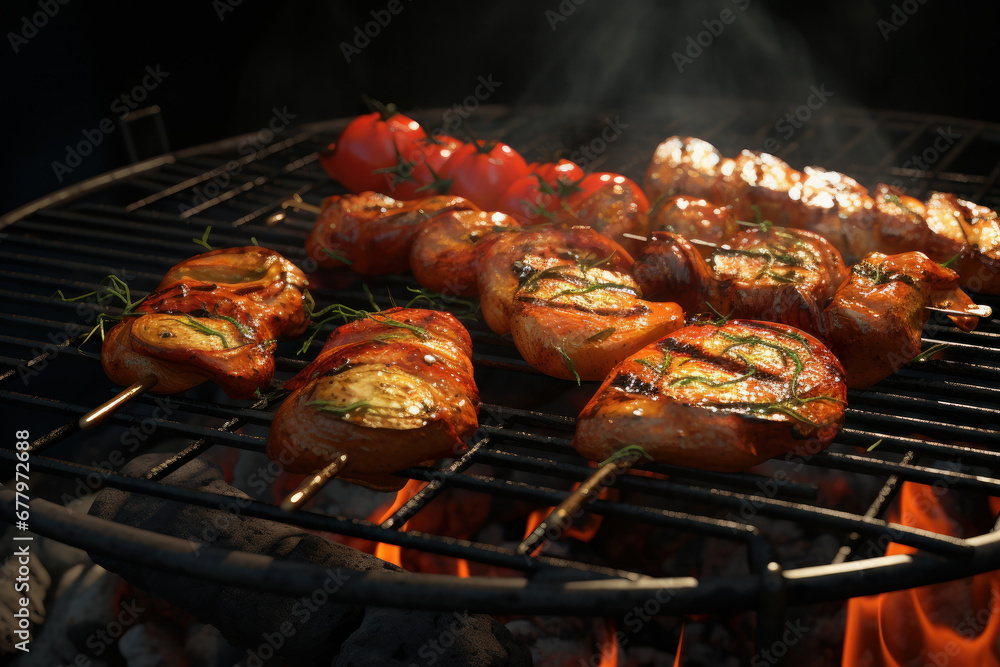 Summon your inner chef and master the art of barbecuing skewers, complete with meat and vegetables on a flaming grill. A culinary adventure is AI Generative.
