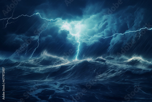 Nature symphony of thunder and lightning over a stormy ocean. A captivating meteorological phenomenon captured in a photo. AI Generative.