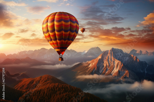 A hot air balloon gliding over mountains at dawn, providing a majestic view of the natural environment. AI Generative.