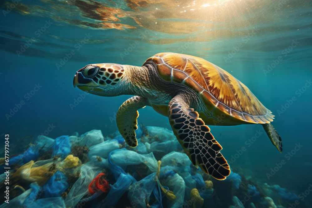 Fototapeta premium In the grip of plastic, A sea turtle faces the environmental problem of plastic pollution in the ocean, highlighting its detrimental impact on marine animals. AI Generative.