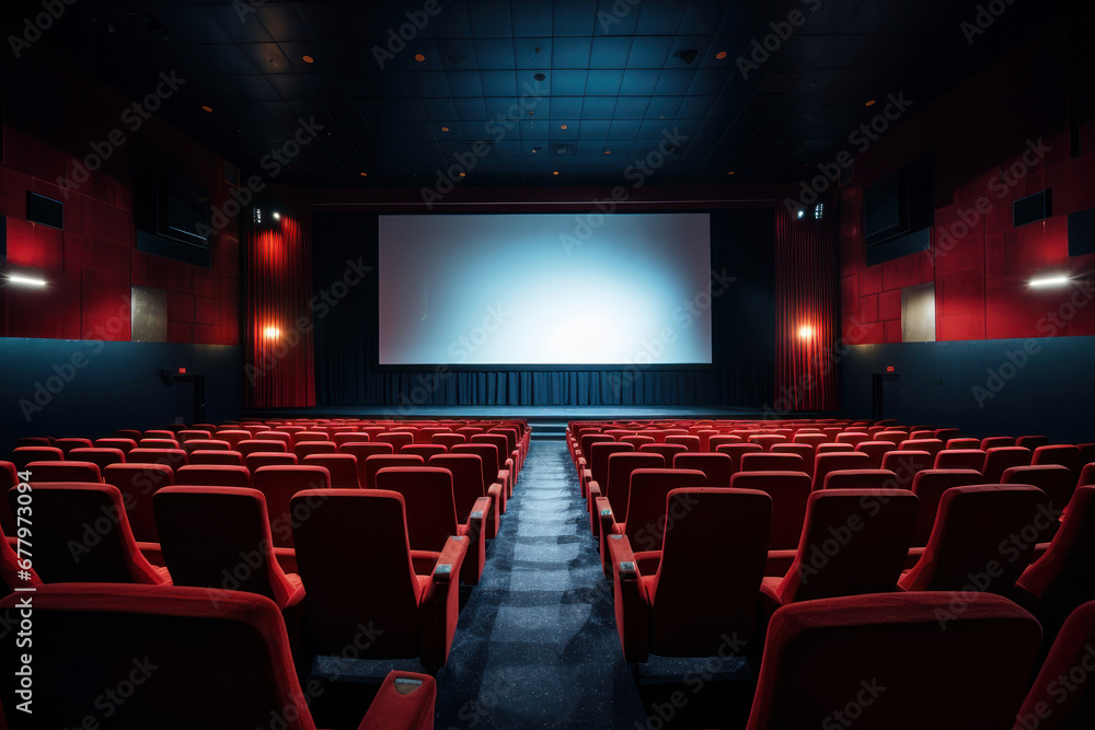 Luxury cinema theater with red interior and a blank screen. It's where design meets AI Generative technology for a unique show. Luxury cinema theater with red interior and a blank screen. It's where design meets AI Generative technology for a unique show.