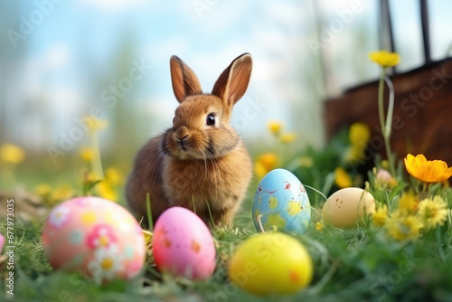 Easter s charm  A rabbit surrounded by eggs in a vibrant field  embodying the holiday s festive tradition and happiness. AI Generative.