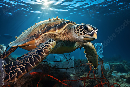 A call for action, A sea turtle encounters plastic pollution in the ocean, underscoring the critical need for conservation to protect marine life from this environmental problem. AI Generative.