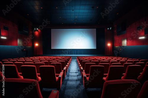Luxury cinema theater with red interior and a blank screen. It's where design meets AI Generative technology for a unique show.