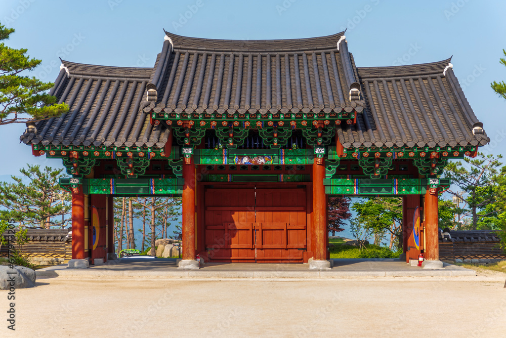 Front view of Korean-styled detailed architecture of the main entrance