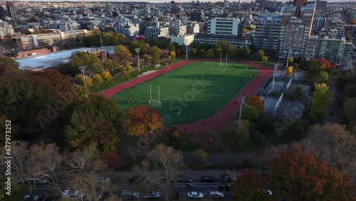 Drone shot of Greenpoint, Brooklyn's McCarren Park on an autumn afternoon. photo