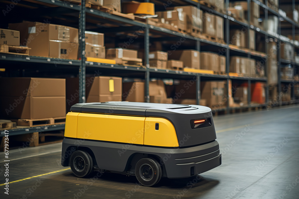 Robot forklift trucks in an industrial setting, handling inventory with precision. Warehouse innovation at its best. AI Generative. Robot forklift trucks in an industrial setting, handling inventory with precision. Warehouse innovation at its best. AI Generative.
