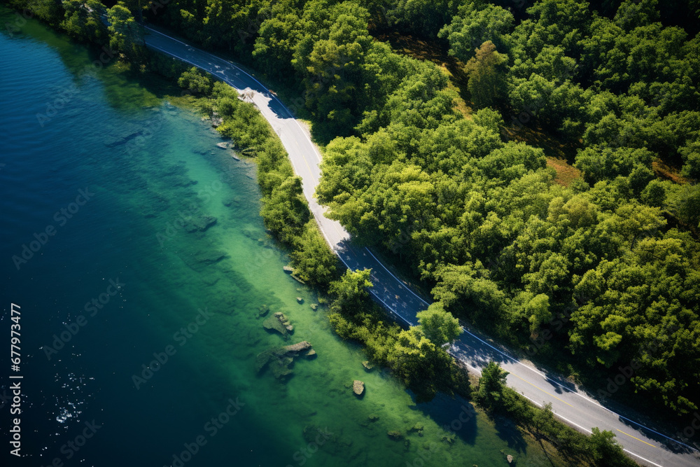 an aerial view of green forest and the ocean from above