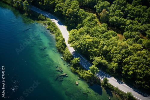 an aerial view of green forest and the ocean from above © toonsteb