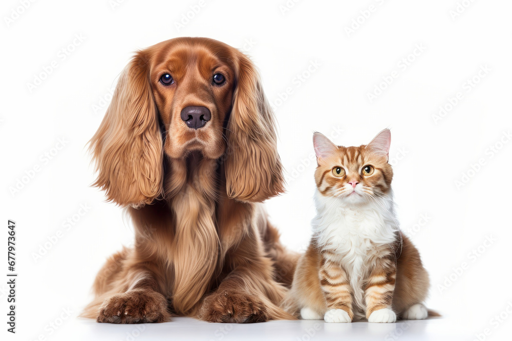 A furry dog and adorable kitten, purebred friends, sitting harmoniously in an indoor portrait. Their love, joy, and perfect harmony is captured in this heartwarming image. AI Generative.