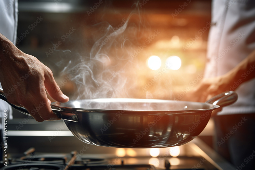 a chef cooking food with a pan on a stove bokeh style background a chef cooking food with a pan on a stove bokeh style background