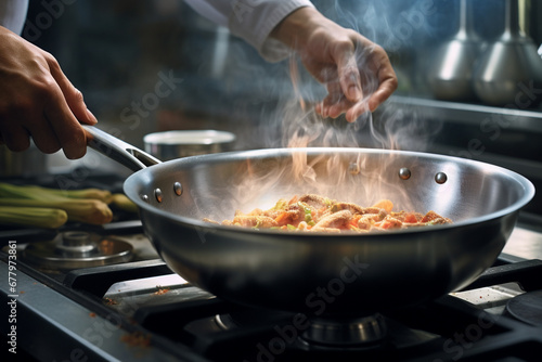 a chef cooking food with a pan on a stove bokeh style background