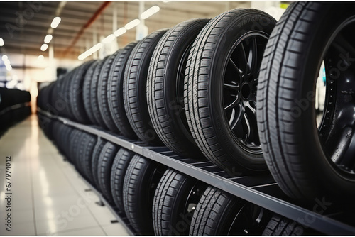 Many car tires in a warehouse, neatly stored for tire sales, vehicle maintenance, and automotive service. AI Generative.