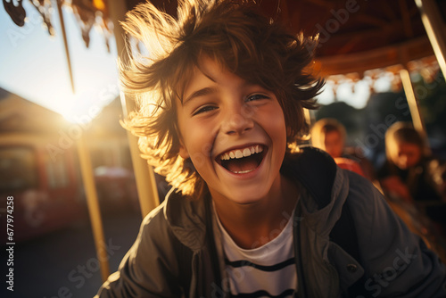 delighted teenage boy having fun, riding on a carousel at funfair, amusement park © Olesia Bilkei