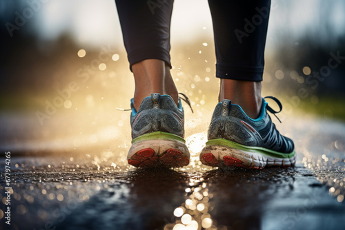 human feet wearing running shoes running in mud bokeh style background photo