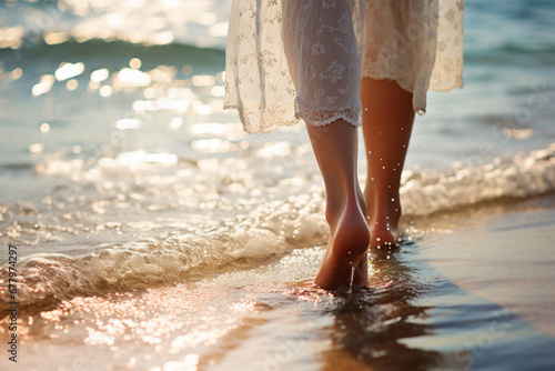 human feet walking on water of the sea bokeh style background photo