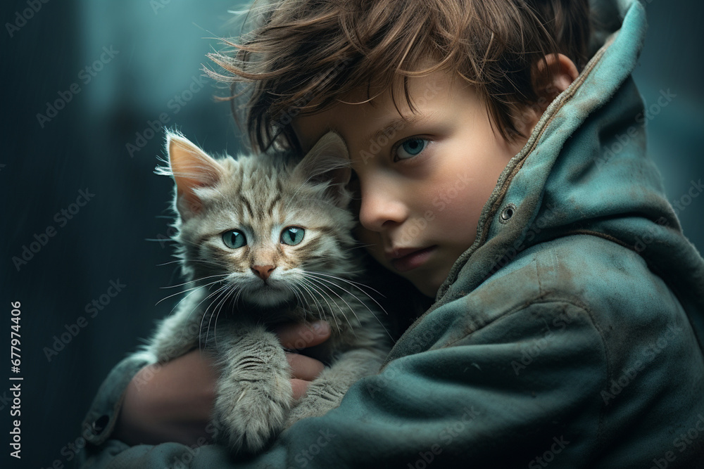 close up of a boy hugging his cat bokeh style background