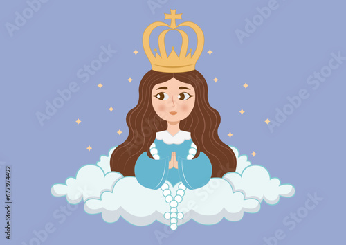 Santa Virgen María en las nubes. Ilustración vectorial en estilo plano de dibujos animados. Para comunidades cristianas y católicas, diseño, decoración de fiestas religiosas