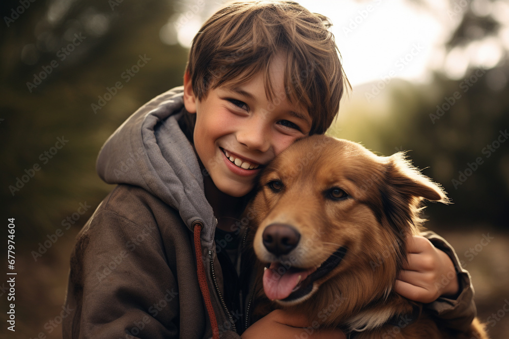 close up of young boy hugging his dog bokeh style background