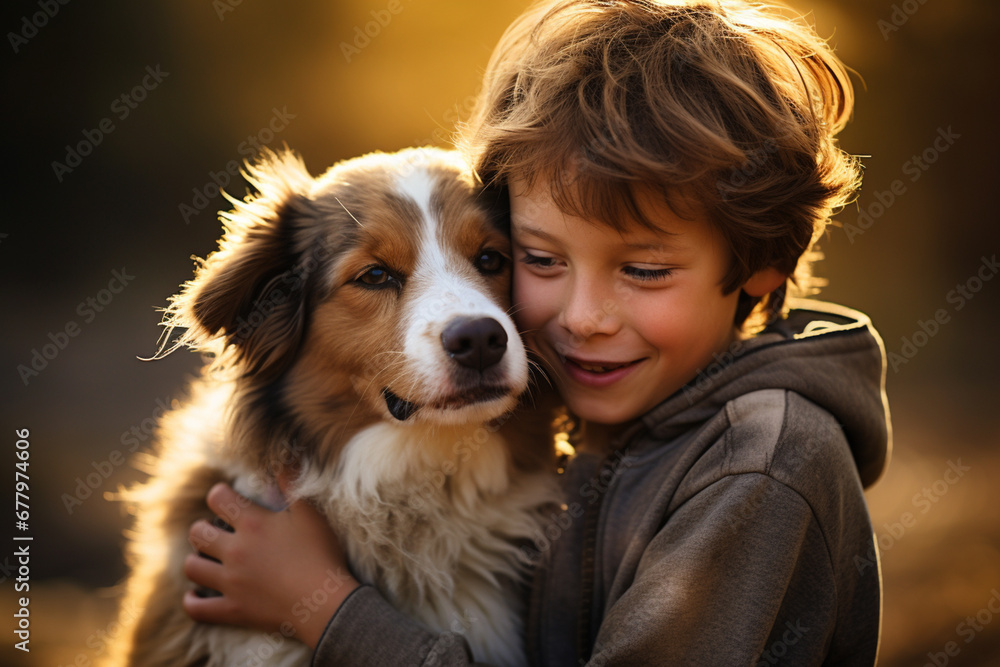 close up of young boy hugging his dog bokeh style background close up of young boy hugging his dog bokeh style background
