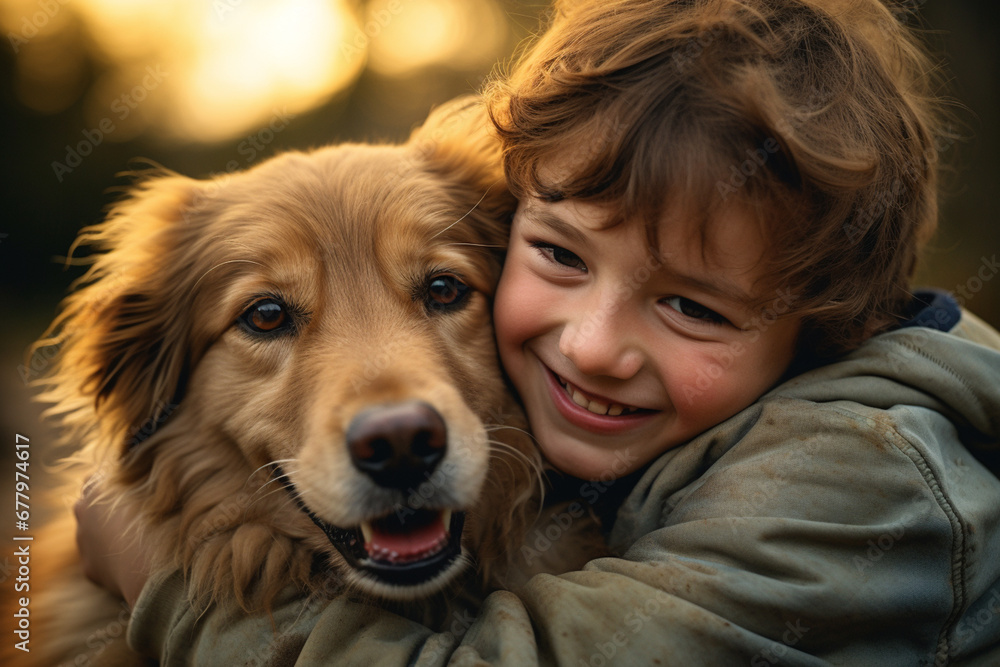 close up of young boy hugging his dog bokeh style background