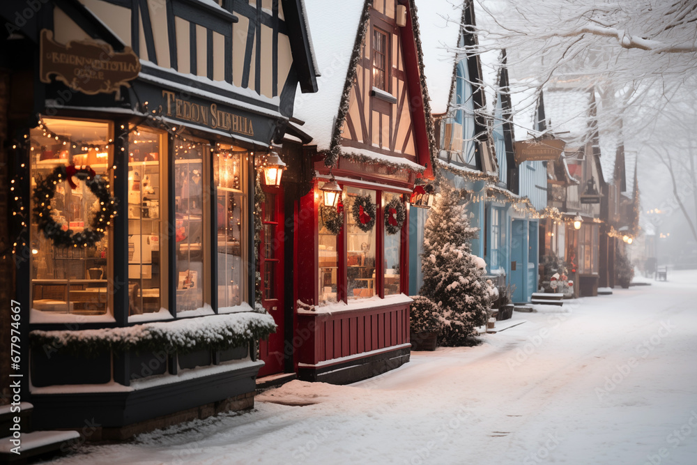 cute shopping street with vibrant store and showcases on snowy winter day. Christmas Holiday season