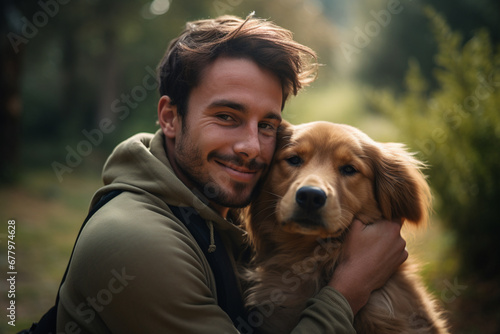 close up of a man hugging his dog bokeh style background