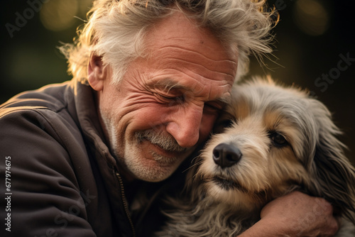 close up of old man hugging his dog bokeh style background