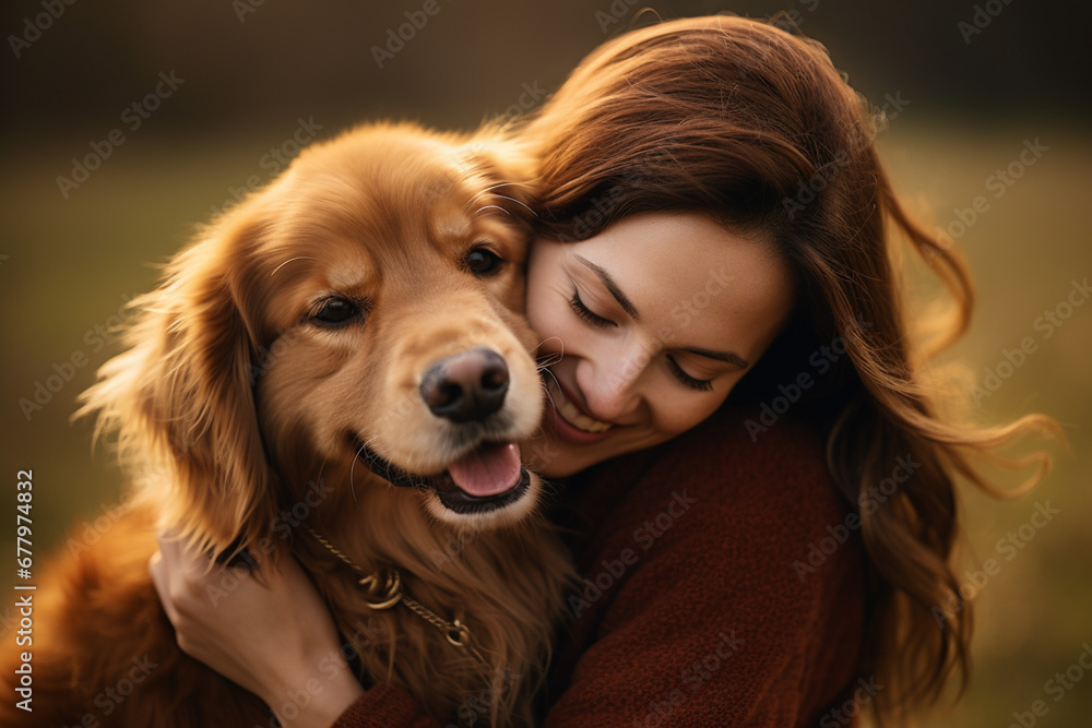 close up of woman hugging her dog, bokeh style background